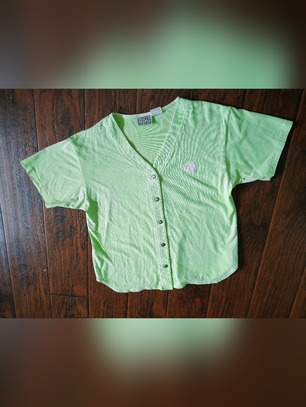 Vintage Create Havoc Hawaiian flower green button down shirt Size M-L